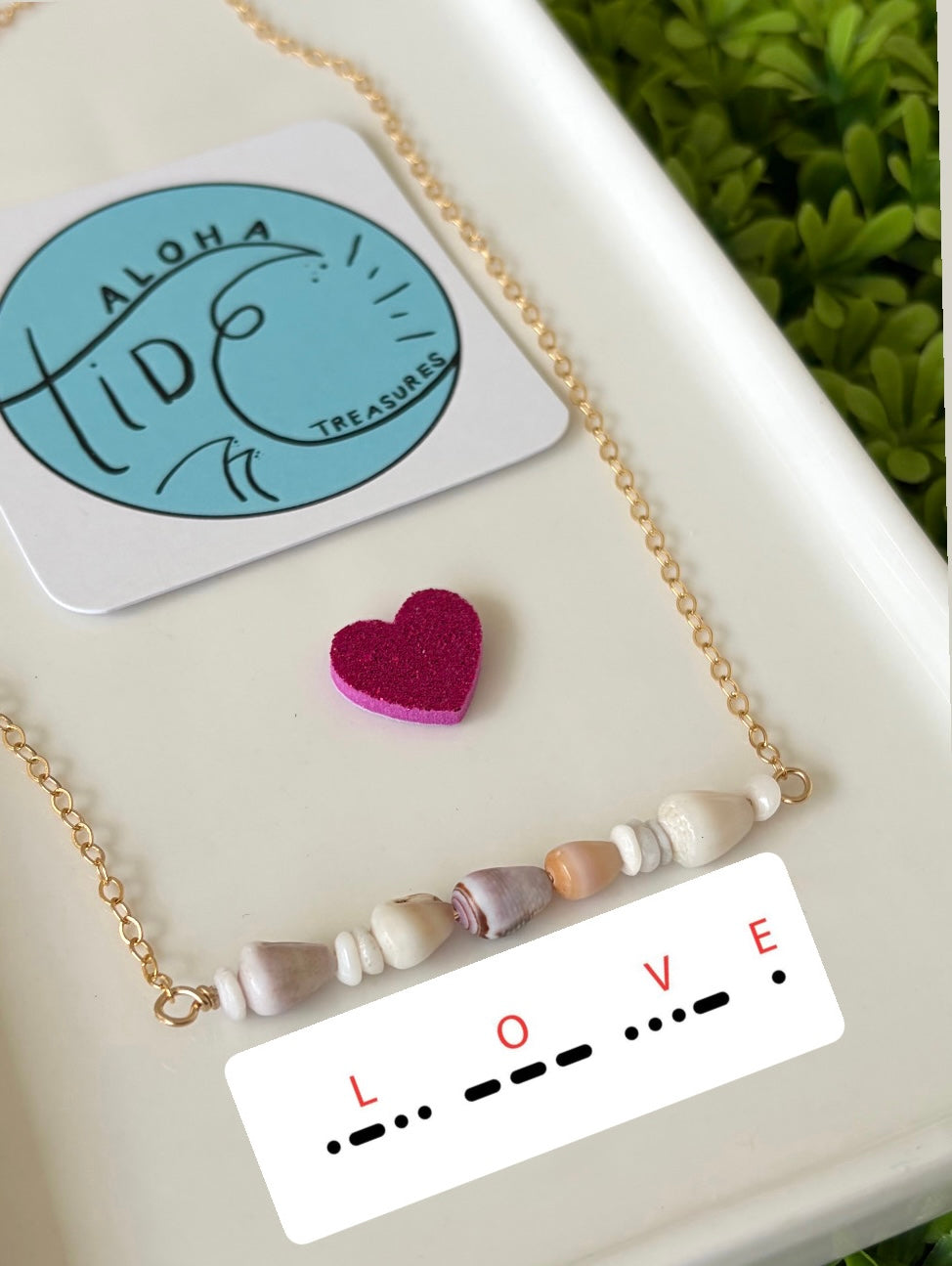 14K Gold filled Morse Love Bar Shell Necklace 16” Valentines