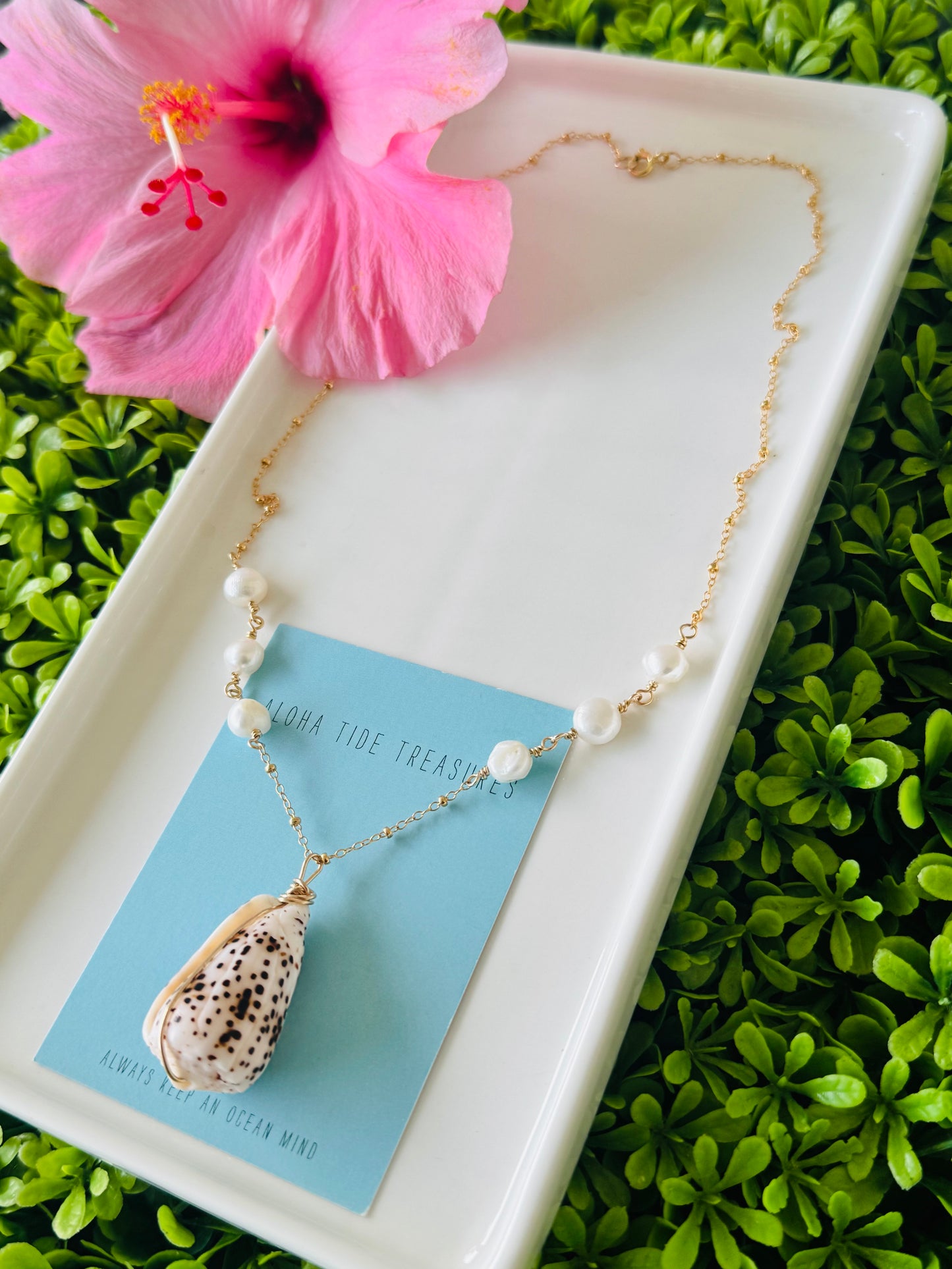14K GF Flea Cone Shell/White Pearl Necklace 20”- Dee