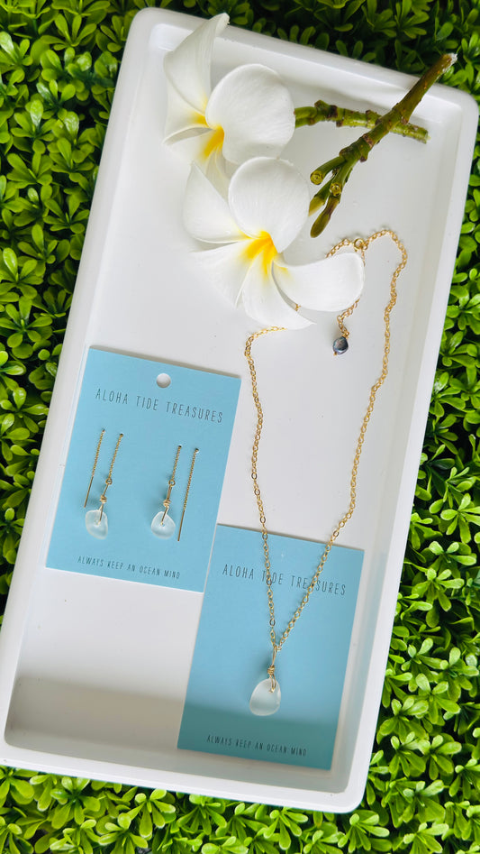 14K GF White Sea glass Necklace & Threader Set - Joshua