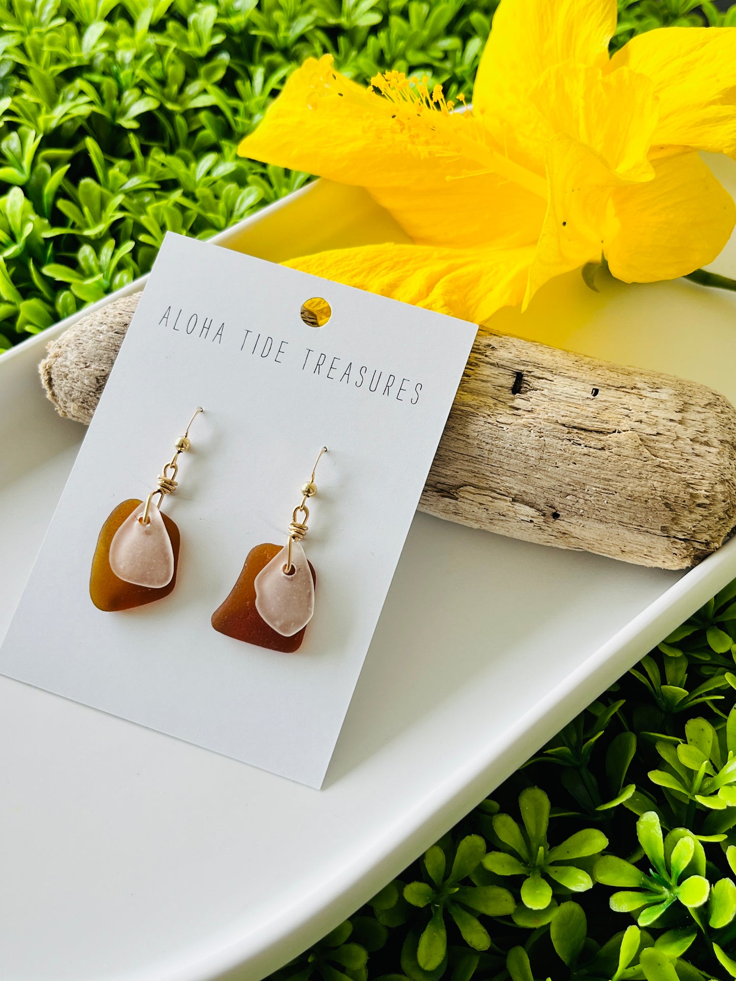 14K GF Brown & White Sea Glass Earrings