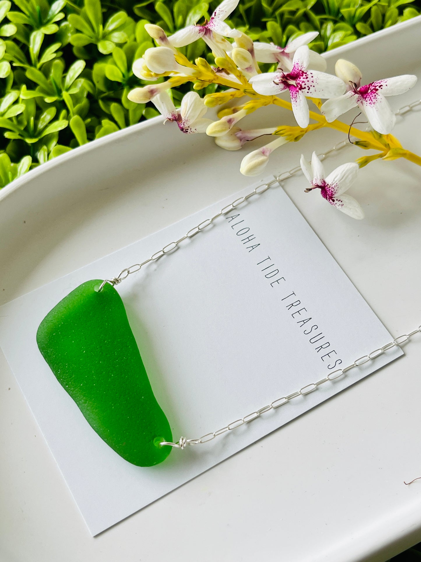 Sterling SIlver Green Sea Glass Necklace 17”