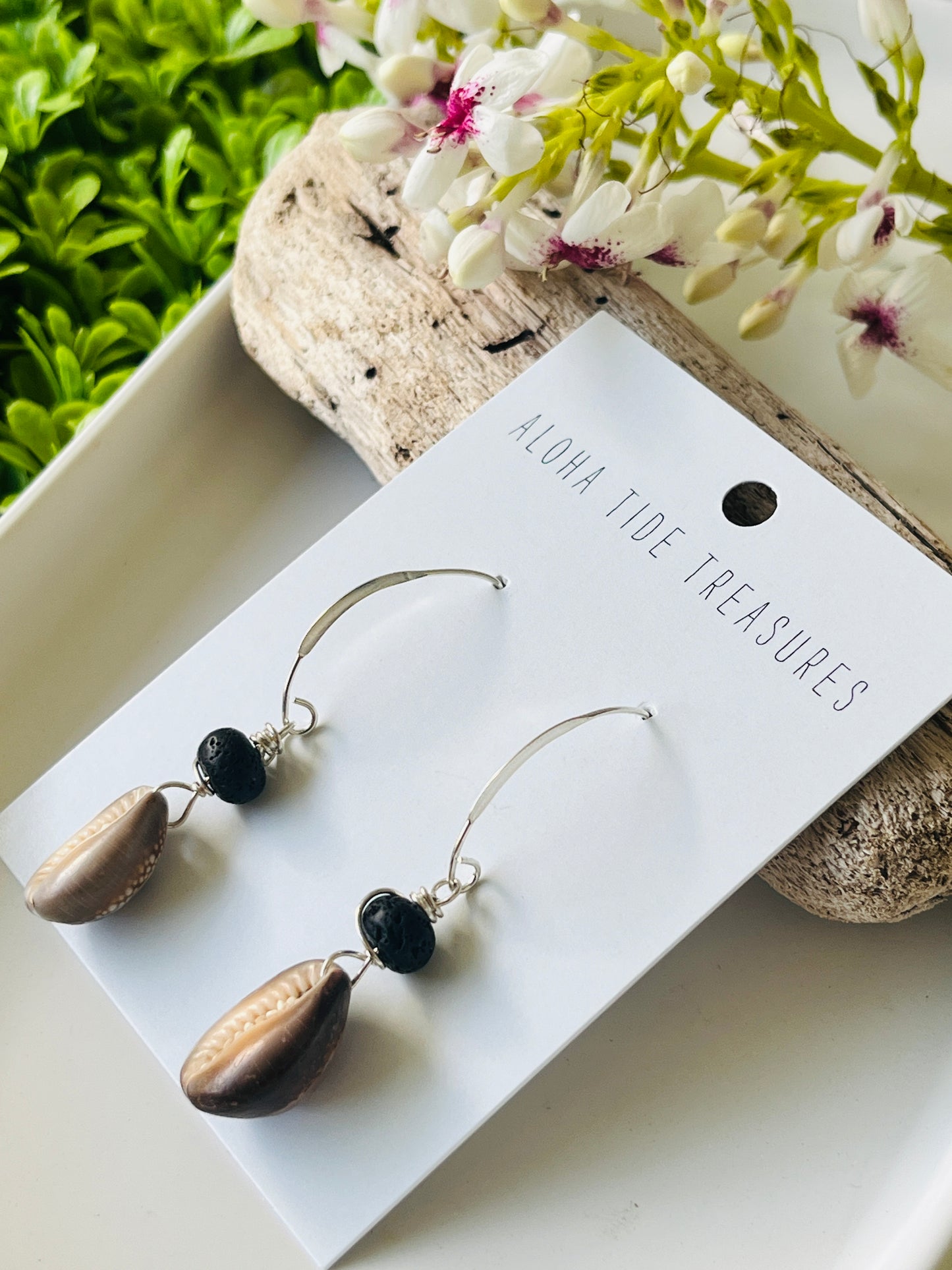 Sterling Silver Cowrie Shell & Lava Stone Earrings