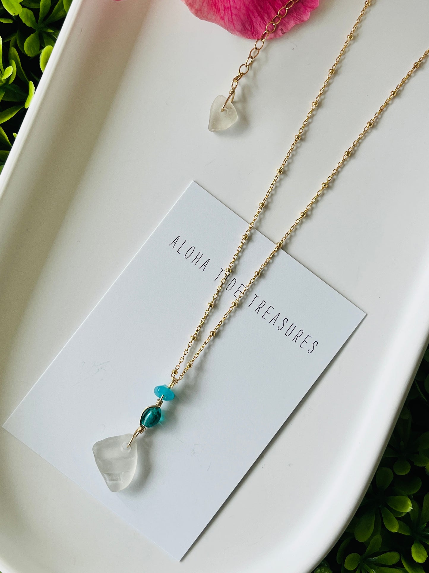 14K GF White Sea Glass Necklace 16”