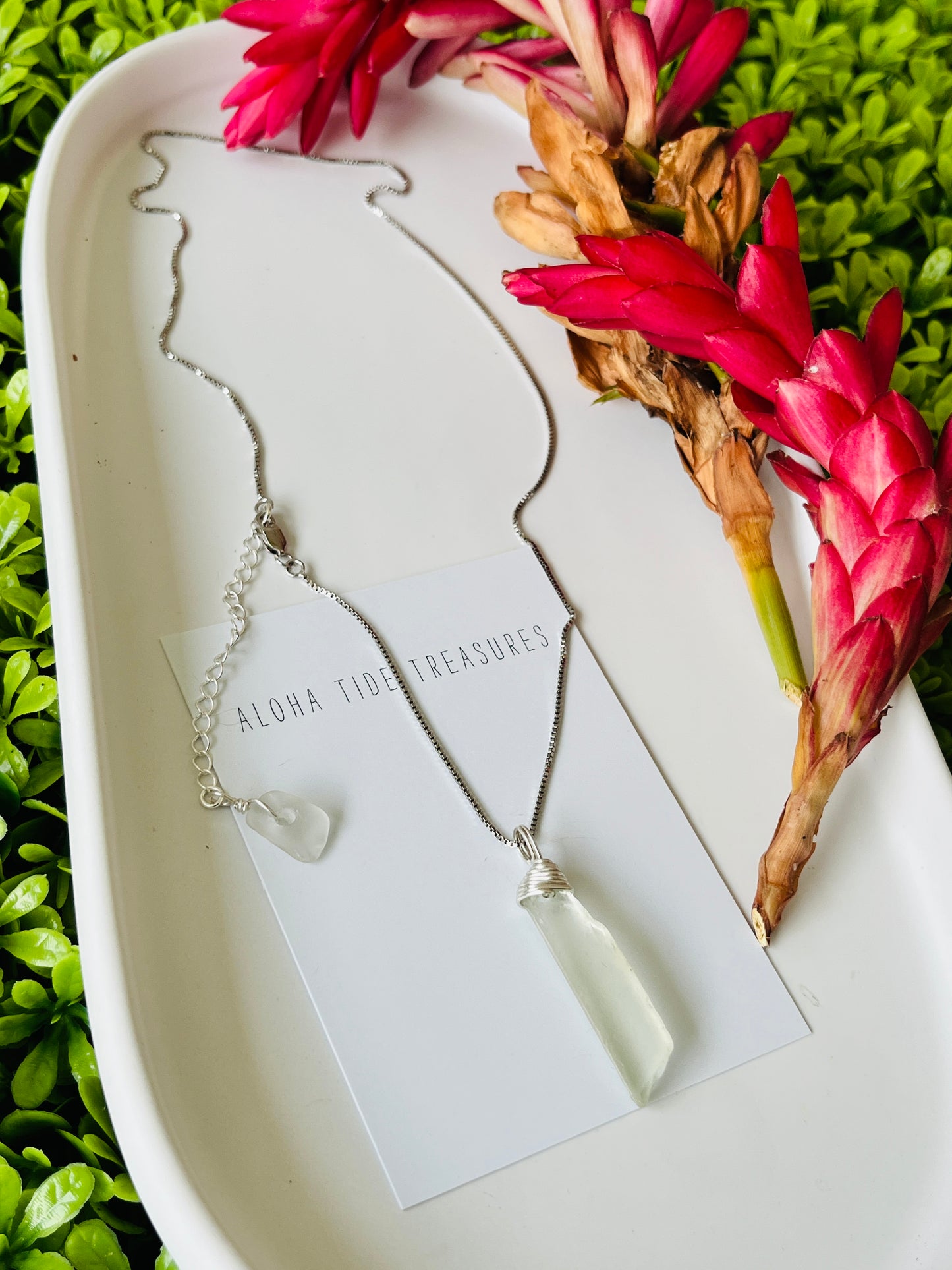Sterling Silver White Sea Glass Necklace 16”