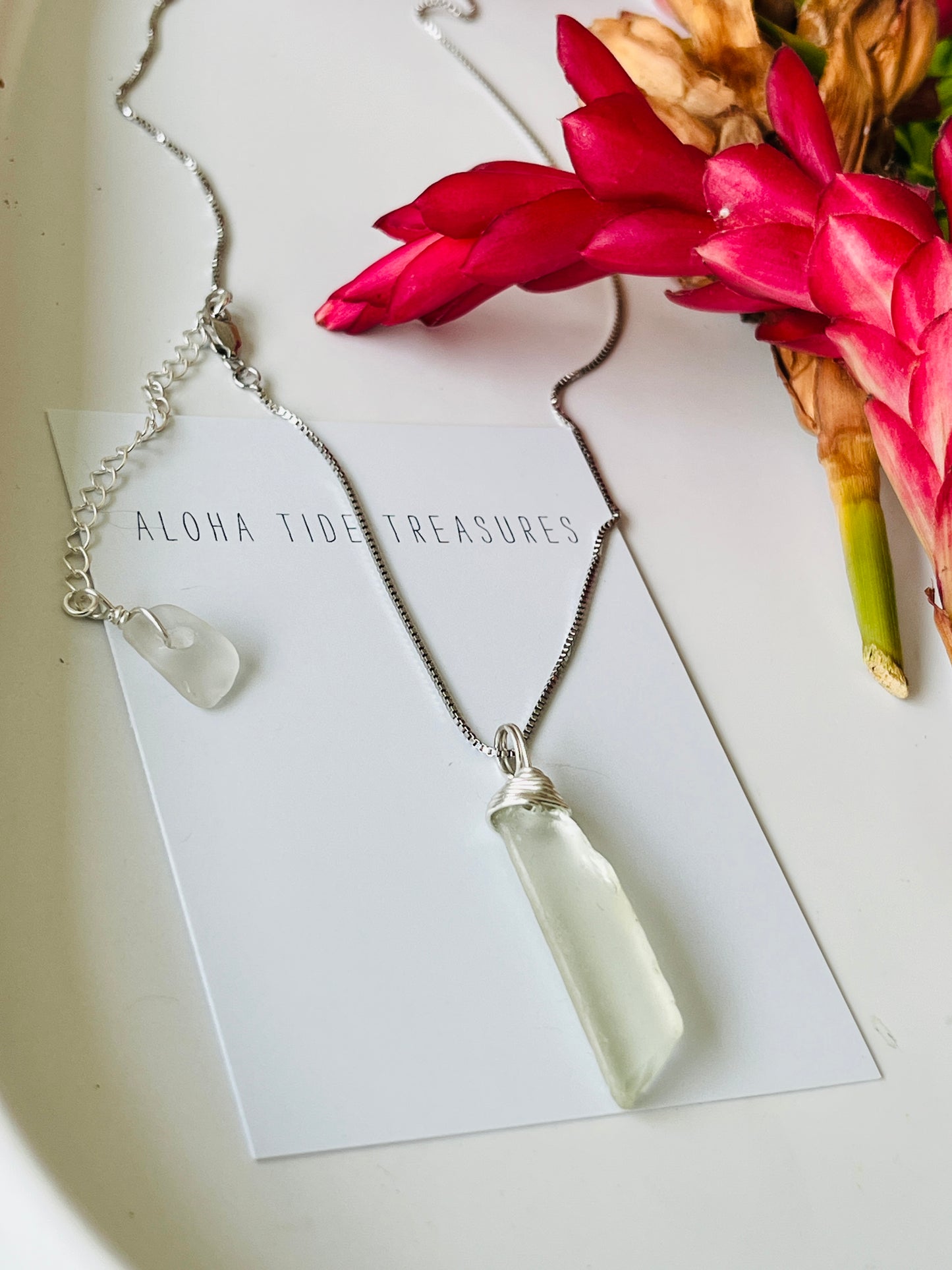 Sterling Silver White Sea Glass Necklace 16”