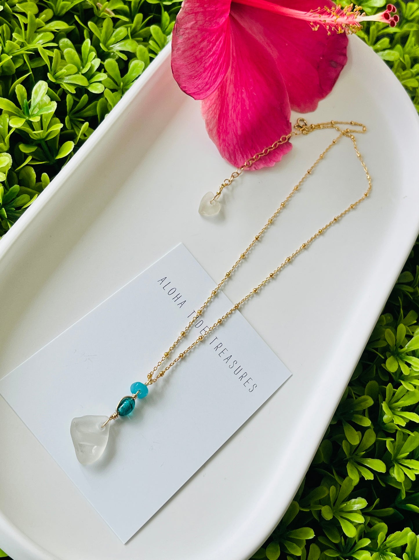 14K GF White Sea Glass Necklace 16”