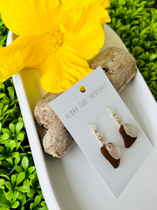 14K GF Brown & White Sea Glass Earrings