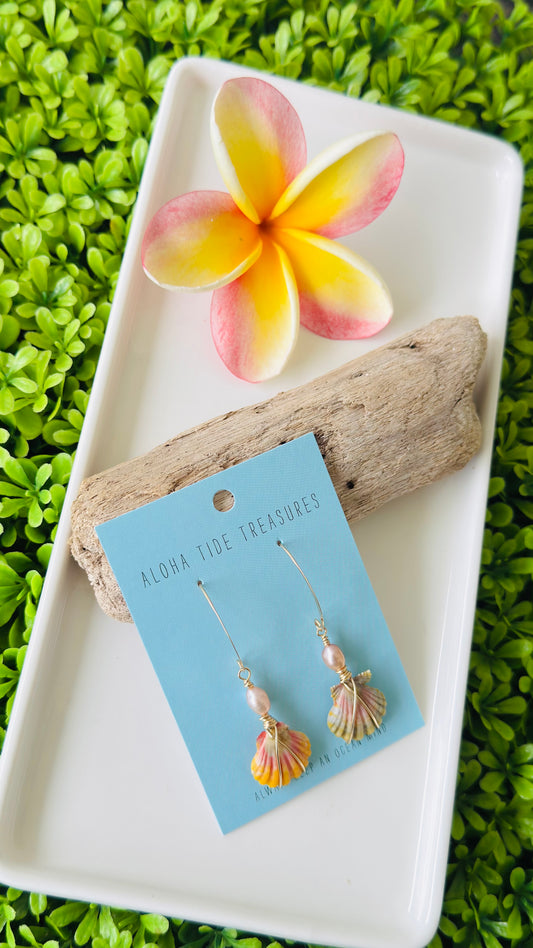 14K Dainty Sunrise Shell Dangle Earrings - Lacey