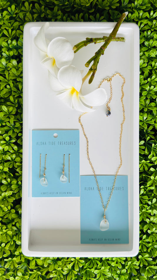 14K GF White Sea glass Necklace & Threader Set - Joshua