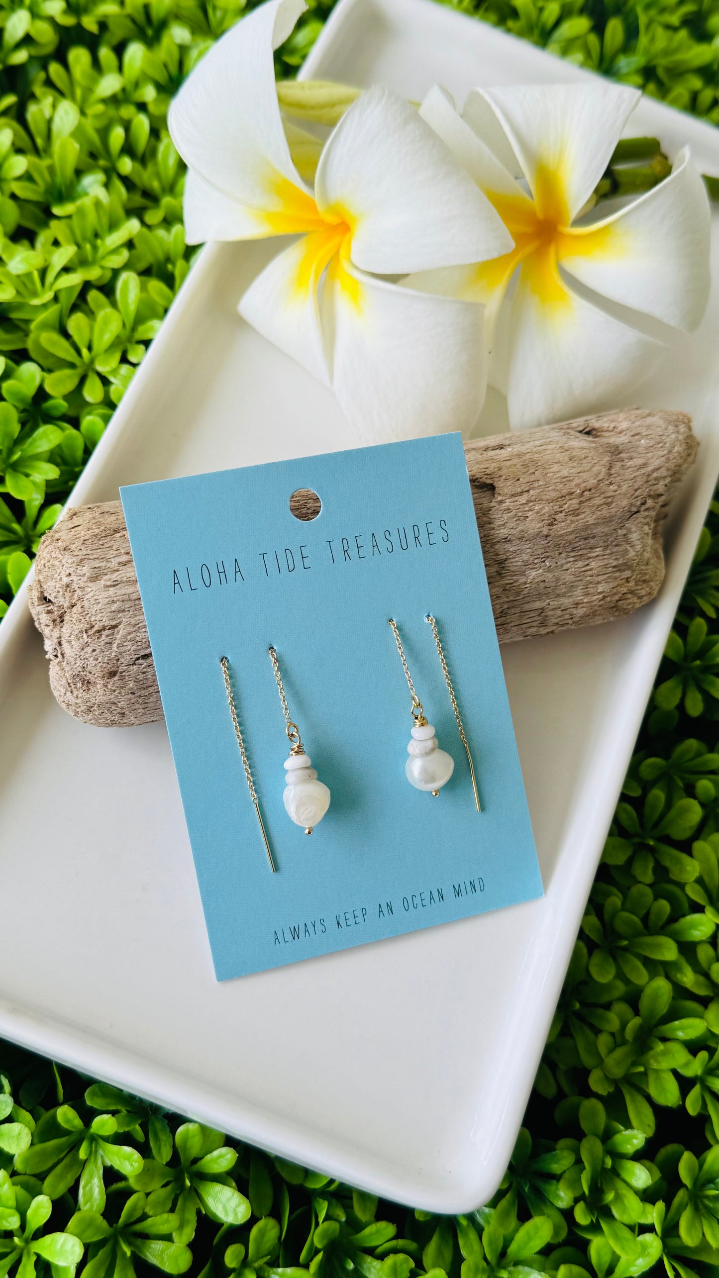 14K GF Puka/Pearl Threader Earrings - Sage