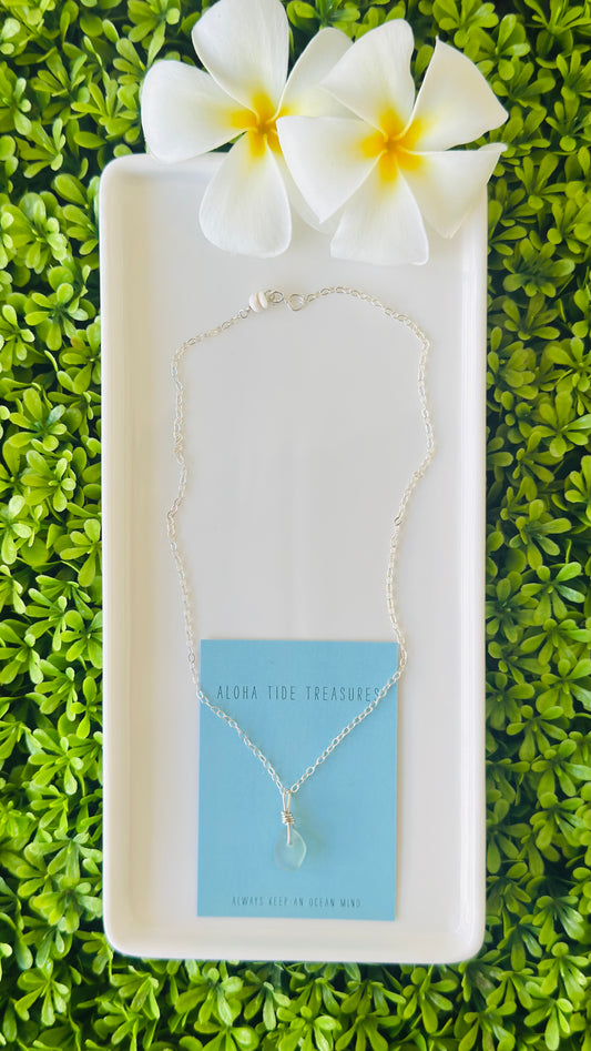 Sterling Silver Blue Sea Glass Necklace 16” - Nicole