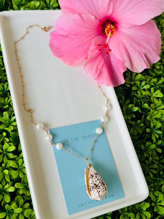 14K GF Flea Cone Shell/White Pearl Necklace 20”- Dee