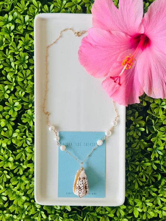 14K GF Flea Cone Shell/White Pearl Necklace 20”- Dee