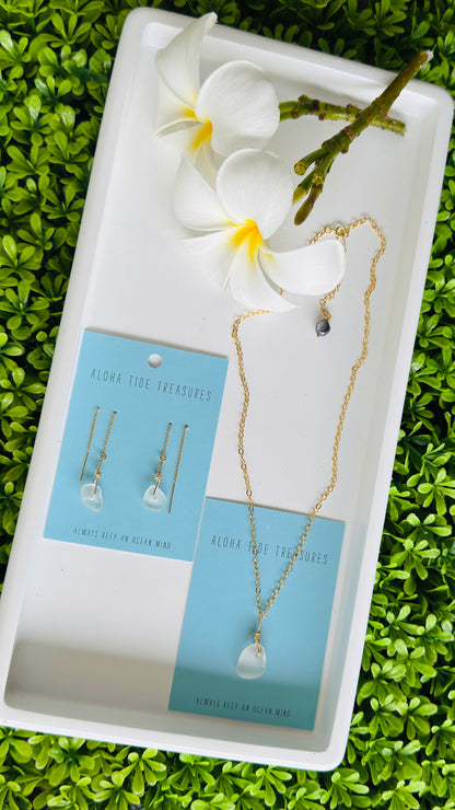 14K GF White Sea glass Necklace & Threader Set - Joshua