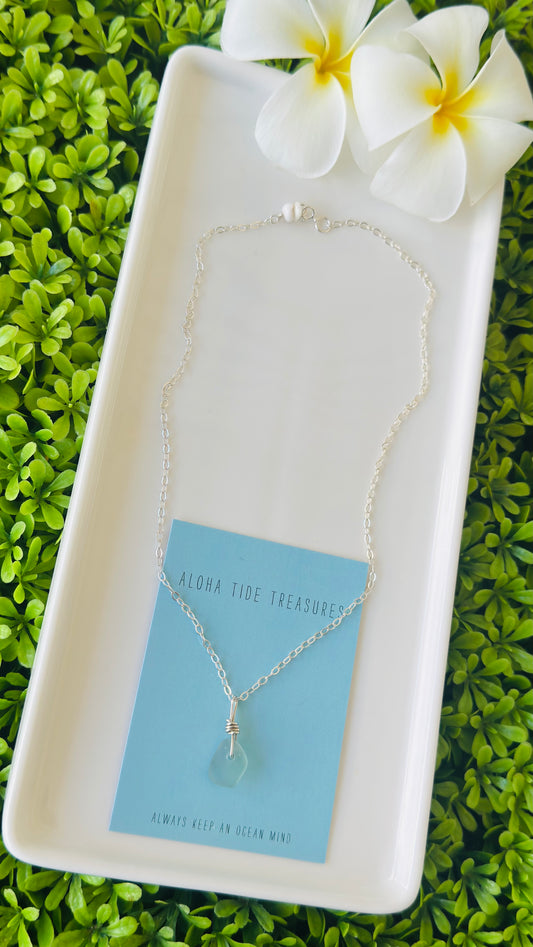 Sterling Silver Blue Sea Glass Necklace 16” - Nicole