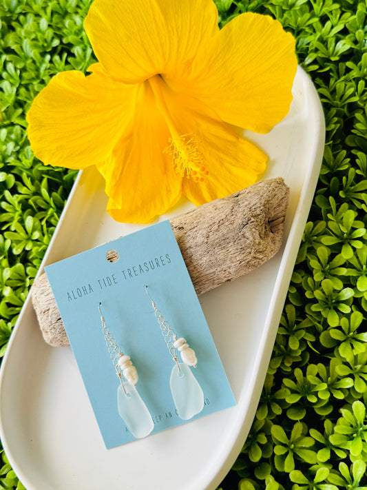 Sterling Silver Seaglass/Puka/Pearl Dangle Earrings