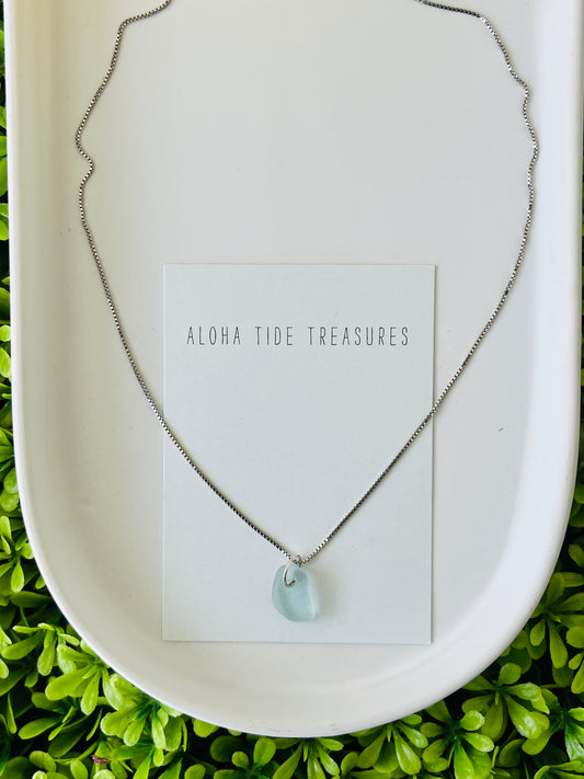 Sterling Silver Blue Sea Glass Necklace 16”