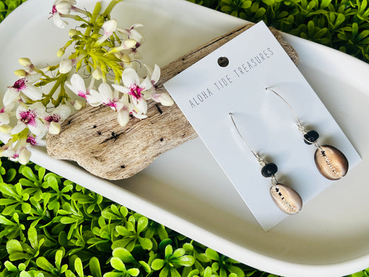 Sterling Silver Cowrie Shell & Lava Stone Earrings