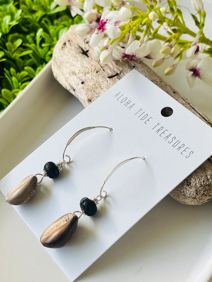 Sterling Silver Cowrie Shell & Lava Stone Earrings