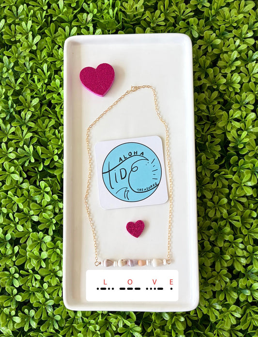 14K Gold filled Morse Love Bar Shell Necklace 16” Valentines