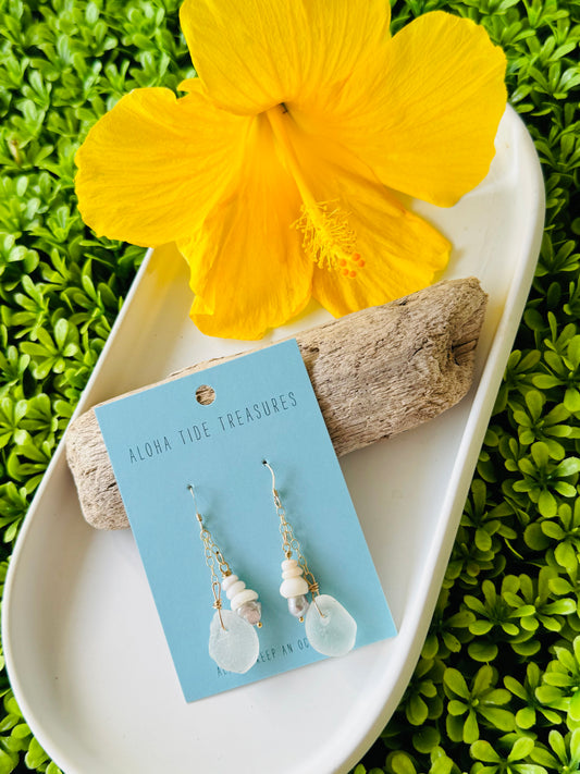 14K GF Seaglass/Puka/Pearl Dangle Earrings