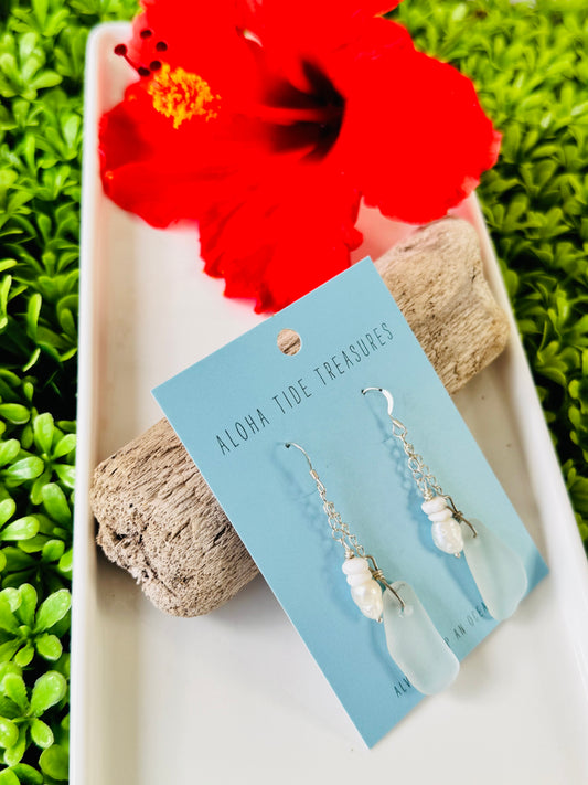 Sterling Silver Seaglass/Puka/Pearl Dangle Earrings