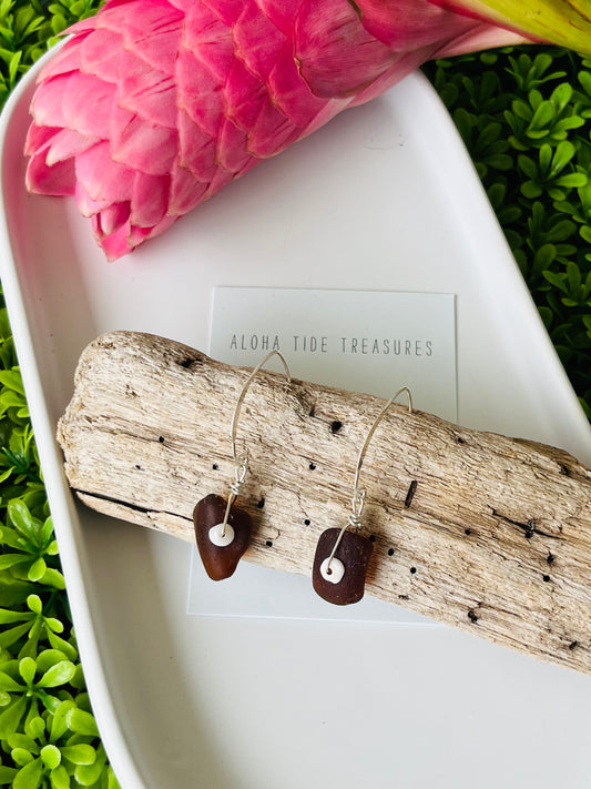 Sterling Silver Brown Sea Glass/Dainty Puka Earrings