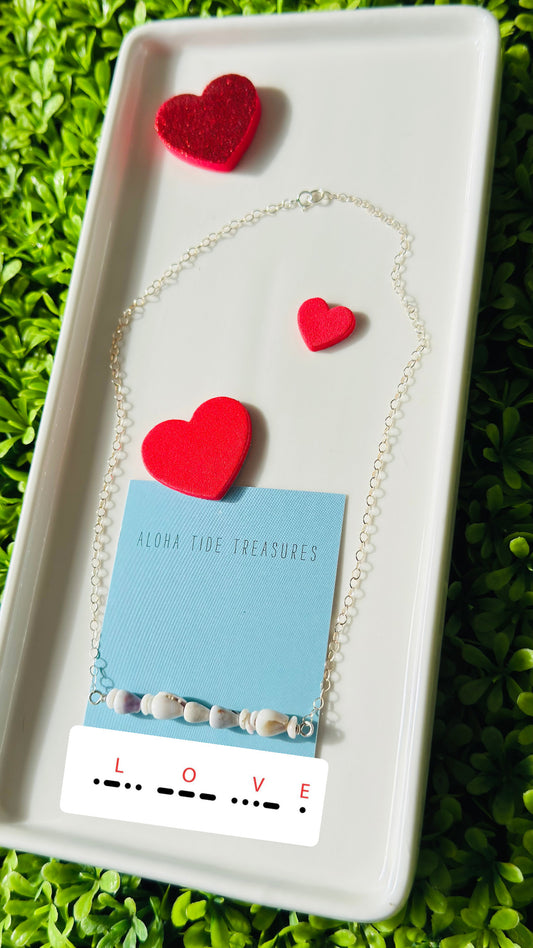 Sterling Silver Morse Love Bar Shell Necklace 16” Valentines
