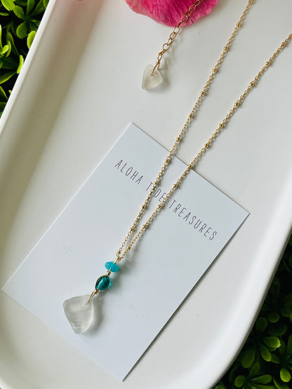 14K GF White Sea Glass Necklace 16”