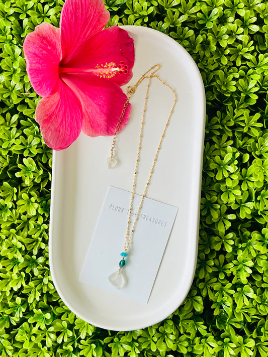 14K GF White Sea Glass Necklace 16”